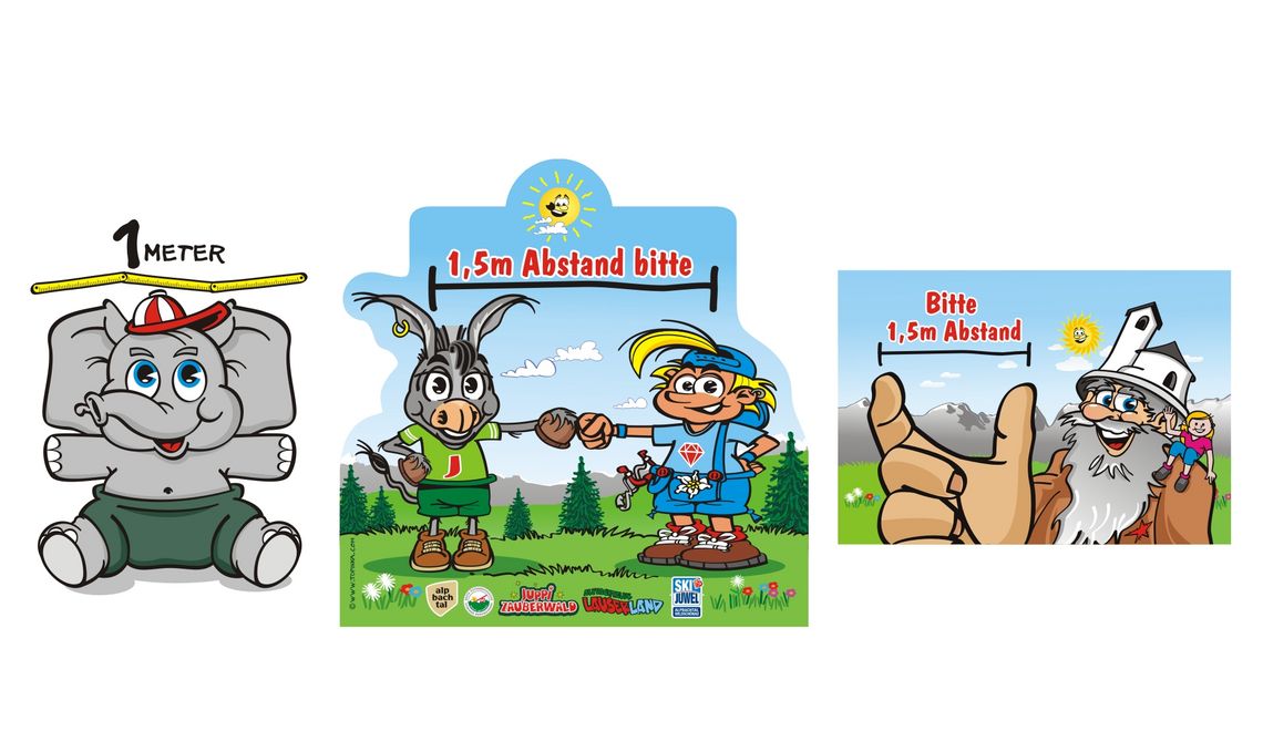 Maskottchen und Illustration für Abstandstafeln Tirol
