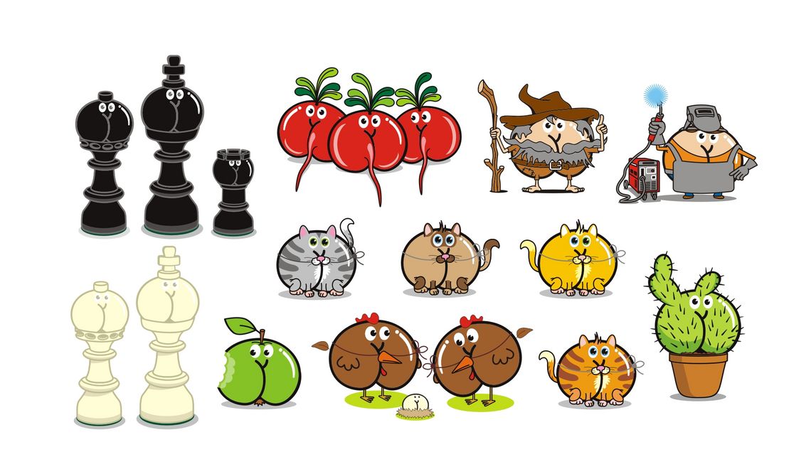 Schachfiguren in weiß und schwarz Radieschen Rübezahl Schweißer Katzen Apple Hühner Kaktus