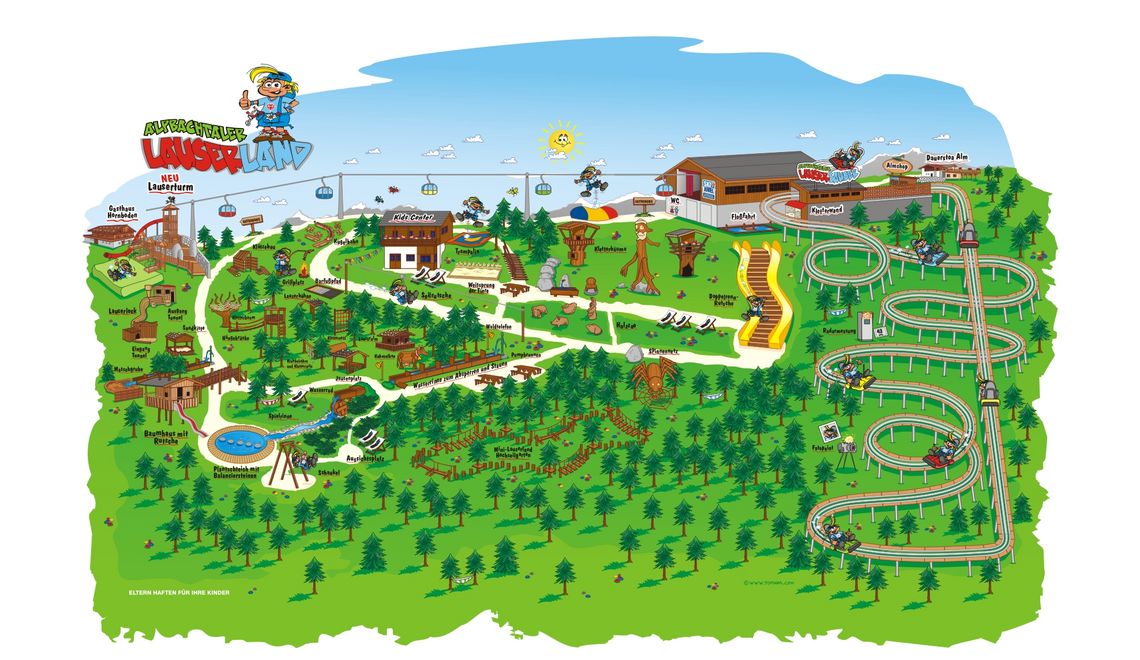 Übersichtsplan, Maskottchen und Illustration für das Lauserland im Alpbachtal Tirol 