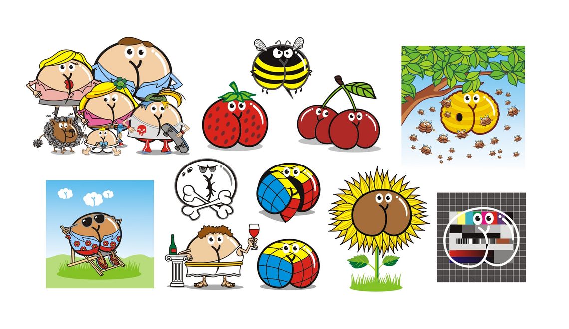 Familie Erdbeere Wespe Kirschen Bienenkorb Urlauber Totenkop Rotweingenießer Zauberwürfel Sonnenblume Testbild