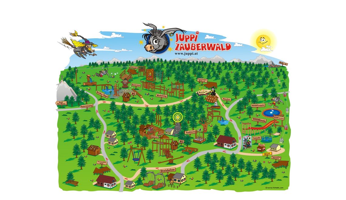 Übersichtsplan als Wimmelbild für Juppis Zauberwald mit Maskottchen Juppi