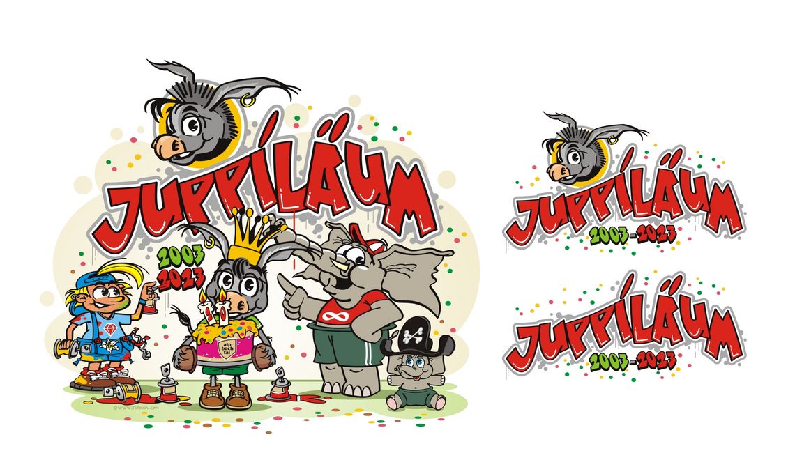 Illustration Maskottchen "Juppi" und diverse Mutationen seit 20 jahren für den Tourismusverband Kramsach