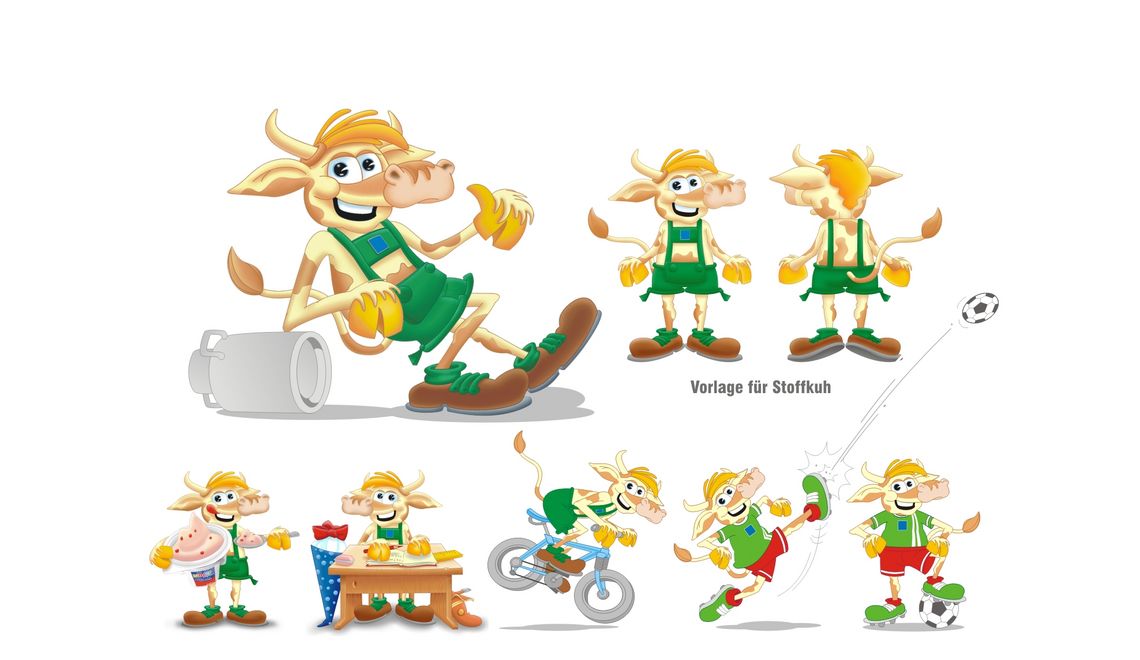 Maskottchen Emma für die Tirol Milch hier auch als als Stofftier und weitere Mutationen