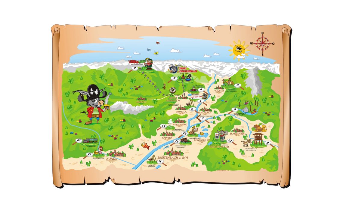 Schatzkarte für den TVB Reith im Alpbachtal und TVB Kramsach mit dem Maskottchen Juppi