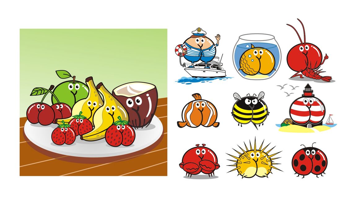 Assmex Obstteller Matrose Seemann Goldfisch im Glas Krabbe Anemonenfisch Wespe Leuchtturm Krebs Seeigel Marienkäfer